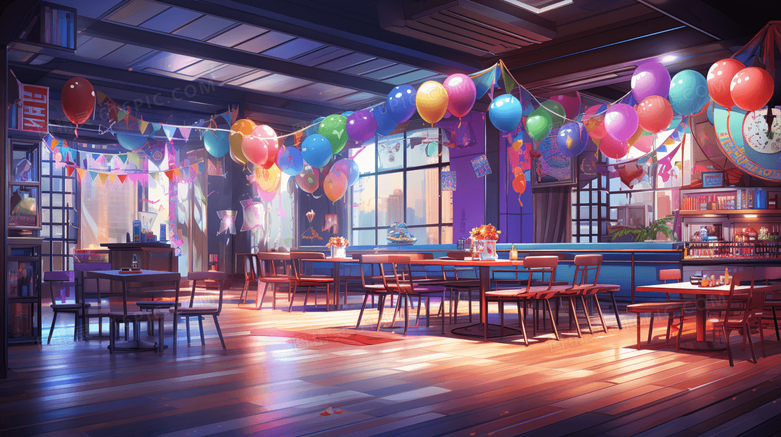装饰着彩色气球的生日派对场景插画