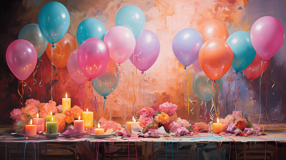 装饰着彩色气球的生日派对场景插画