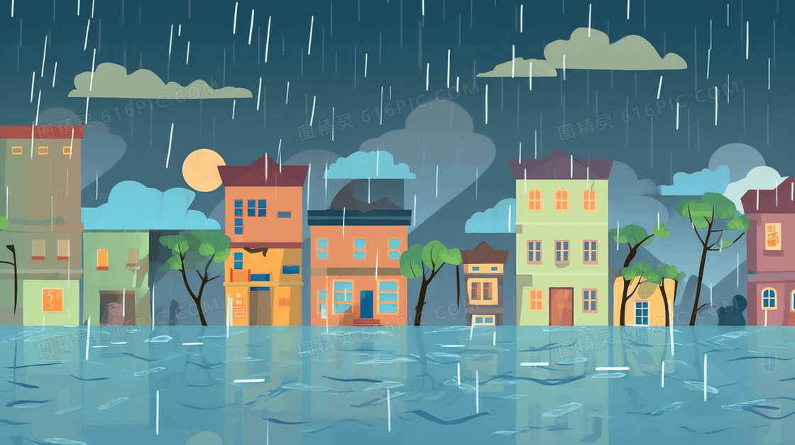 被暴雨淹没的街道创意插画