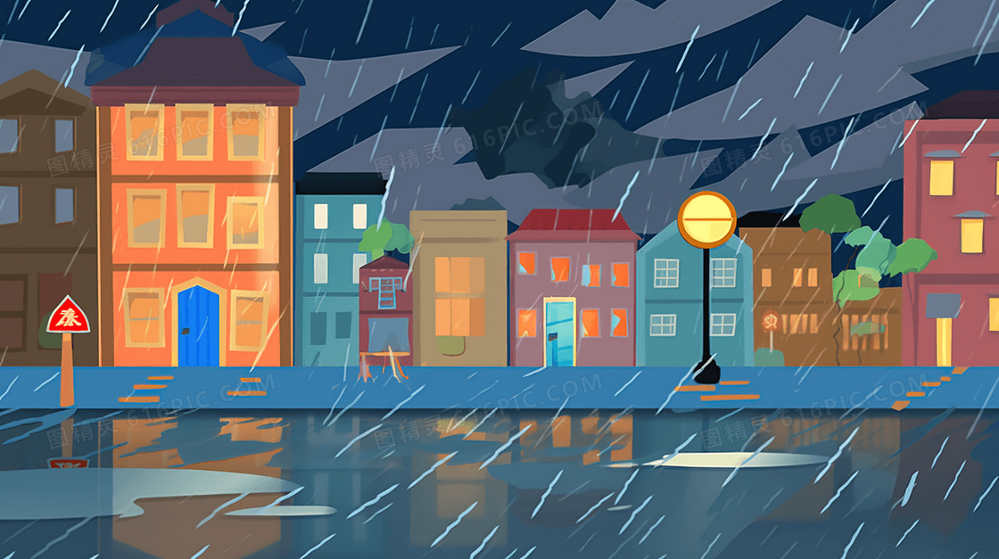 被暴雨淹没的街道创意插画