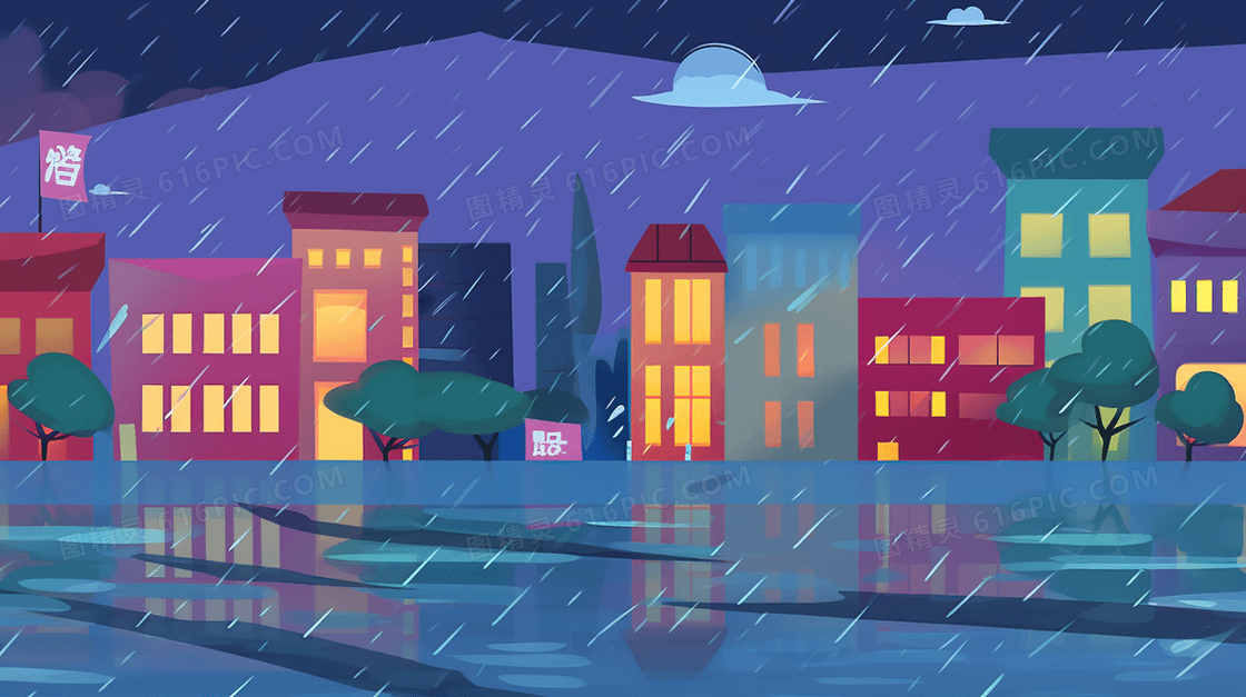 被暴雨淹没的街道创意插画