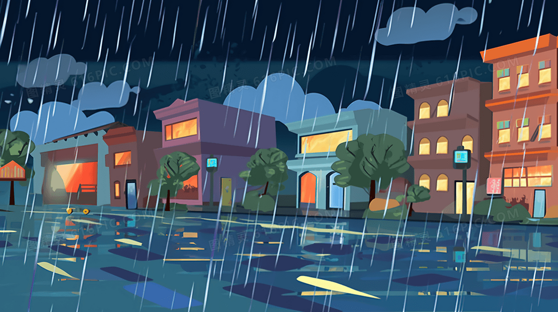 被暴雨淹没的街道创意插画