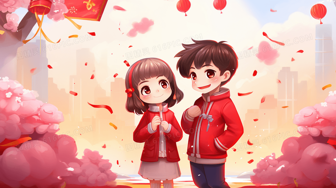红色喜庆春节节日插画