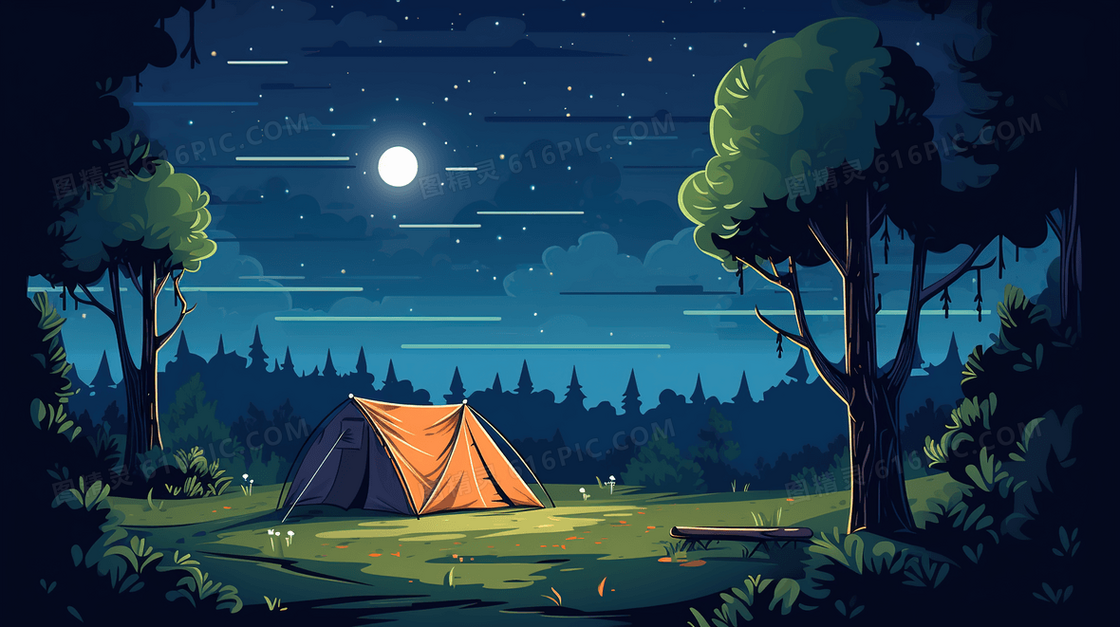 唯美夜晚户外露营插画