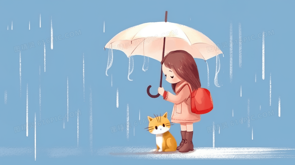 唯美雨伞下的女孩和小猫卡通插画