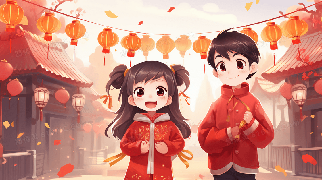 红色喜庆春节节日插画