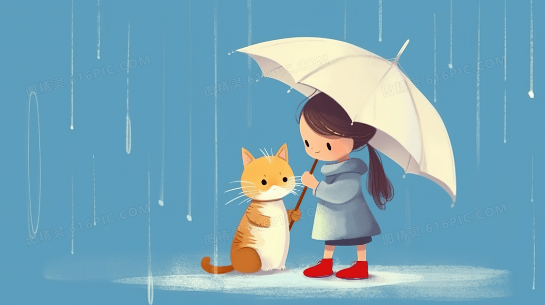 唯美雨伞下的女孩和小猫卡通插画