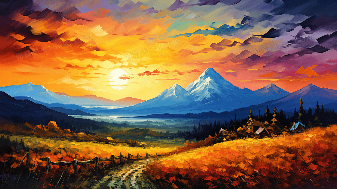 彩色秋季晚霞美景插画