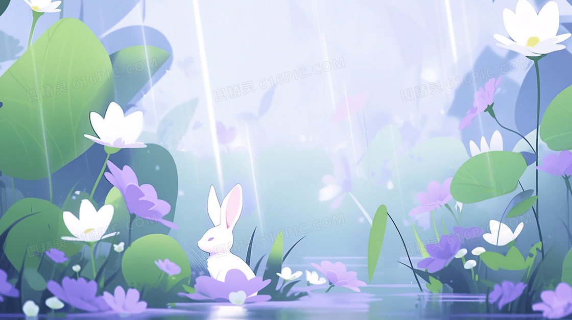 夏日在花下被雨淋湿的小兔子创意插画