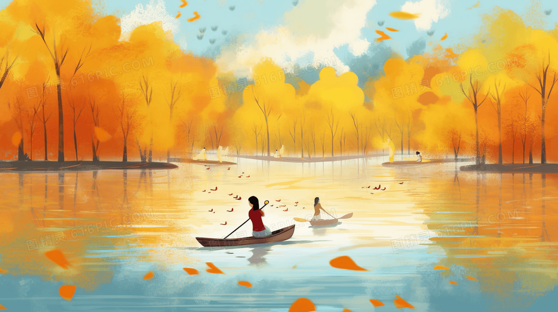 唯美秋日湖面上的小船风景插画