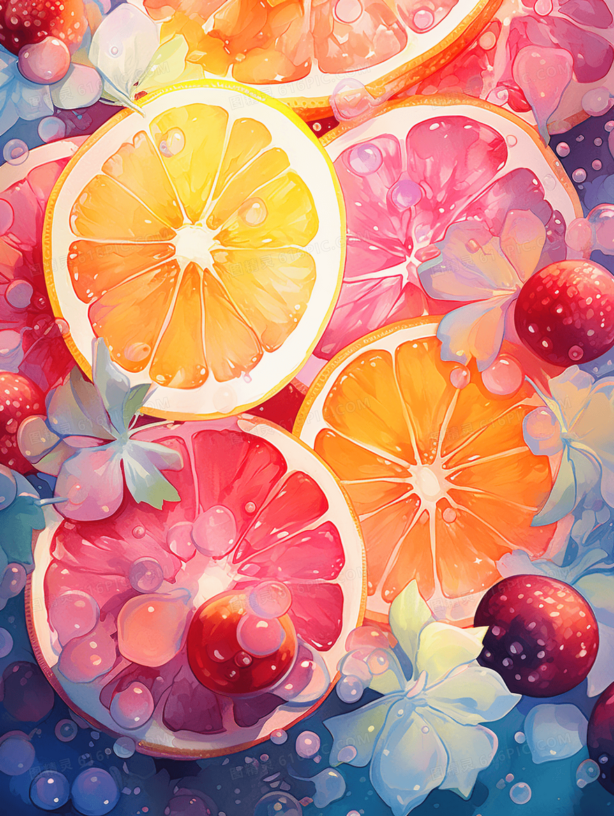 夏日彩色花瓣水果樱桃柠檬插画