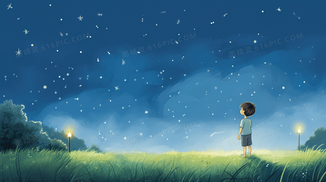 唯美梦幻星空下的少年卡通插画