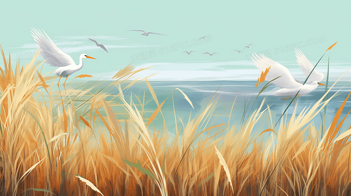 唯美秋日芦苇风景插画