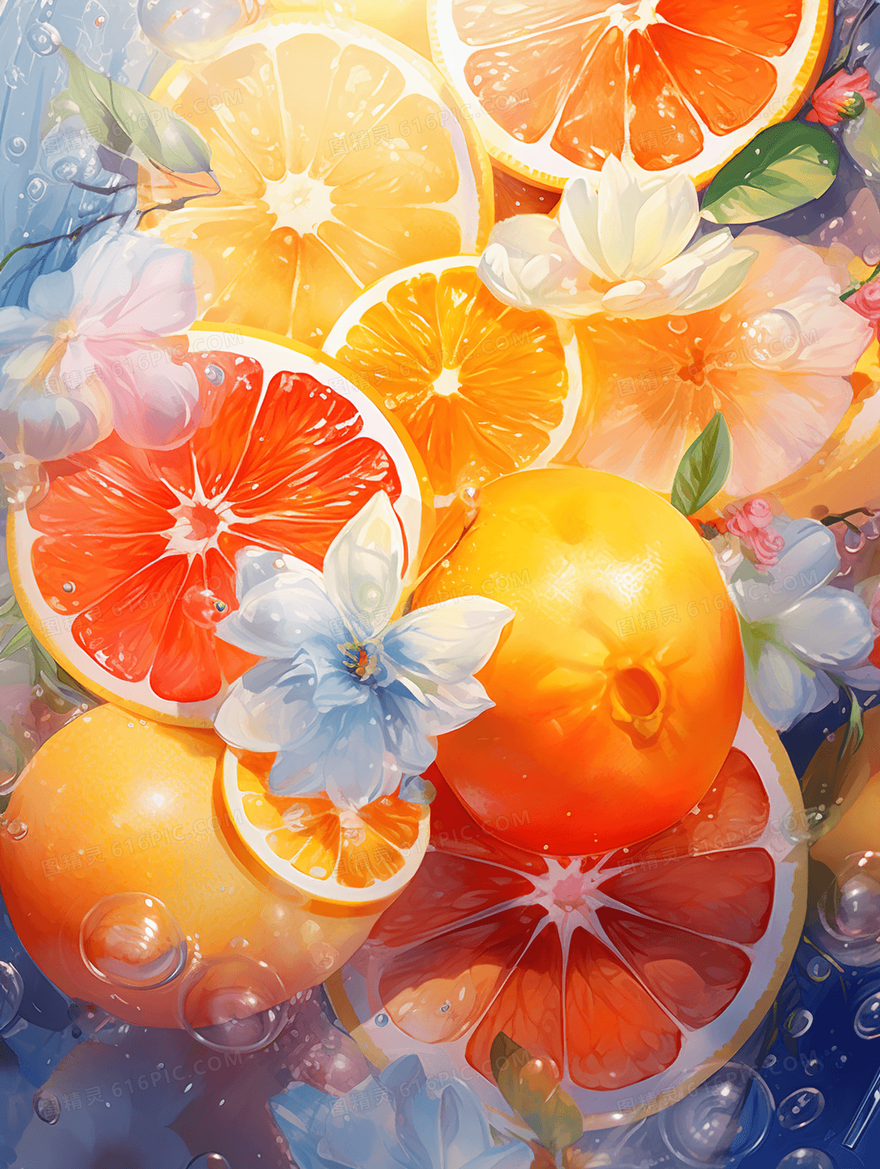 夏日彩色花瓣水果插画