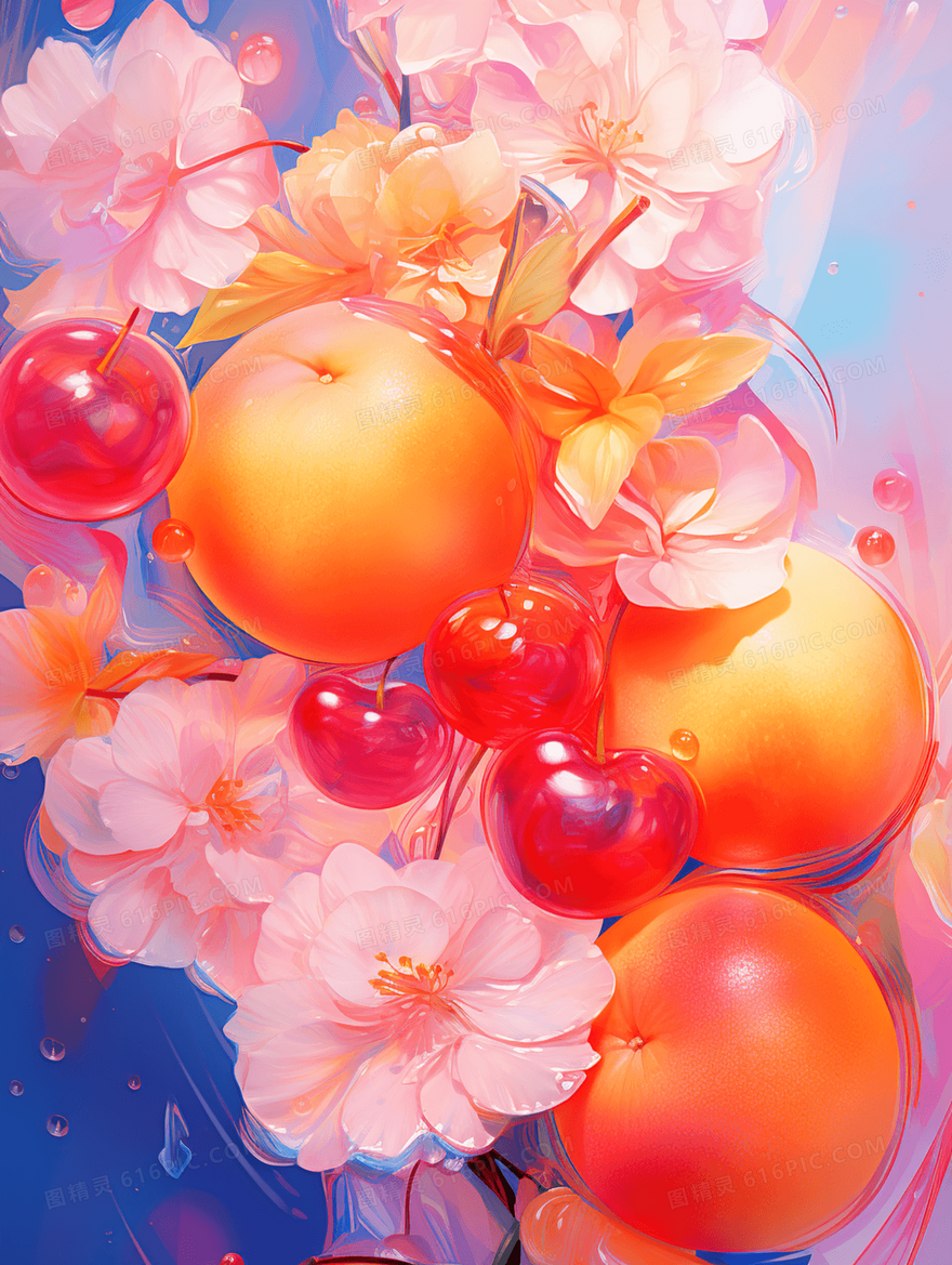 夏日彩色花瓣柠檬樱桃水果插画