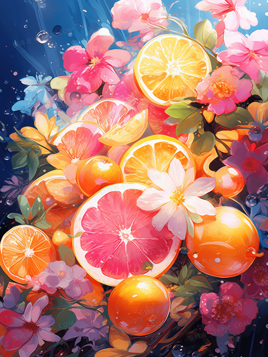 夏日彩色花瓣柠檬水果插画