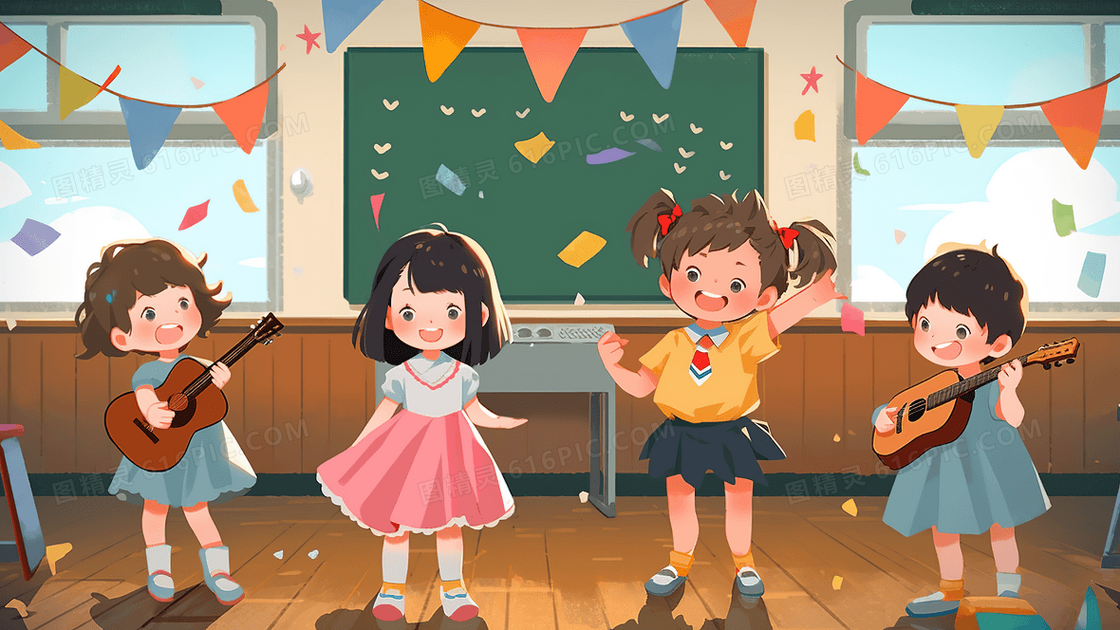 开学季在教室表演节目的可爱小学生创意插画