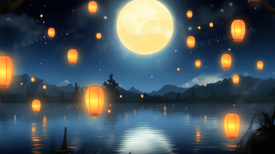 天空中漂浮着许多祈福的灯笼创意插画