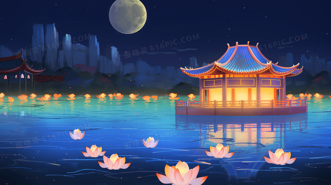 湖面亭子周围漂浮着许多荷花灯创意插画