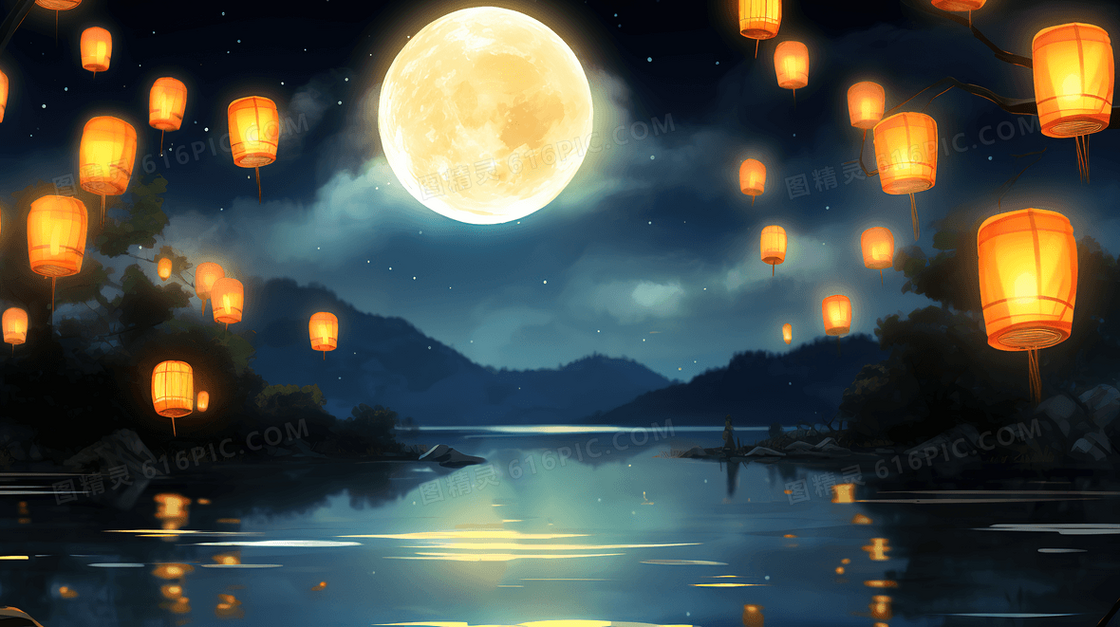 天空中漂浮着许多祈福的灯笼创意插画