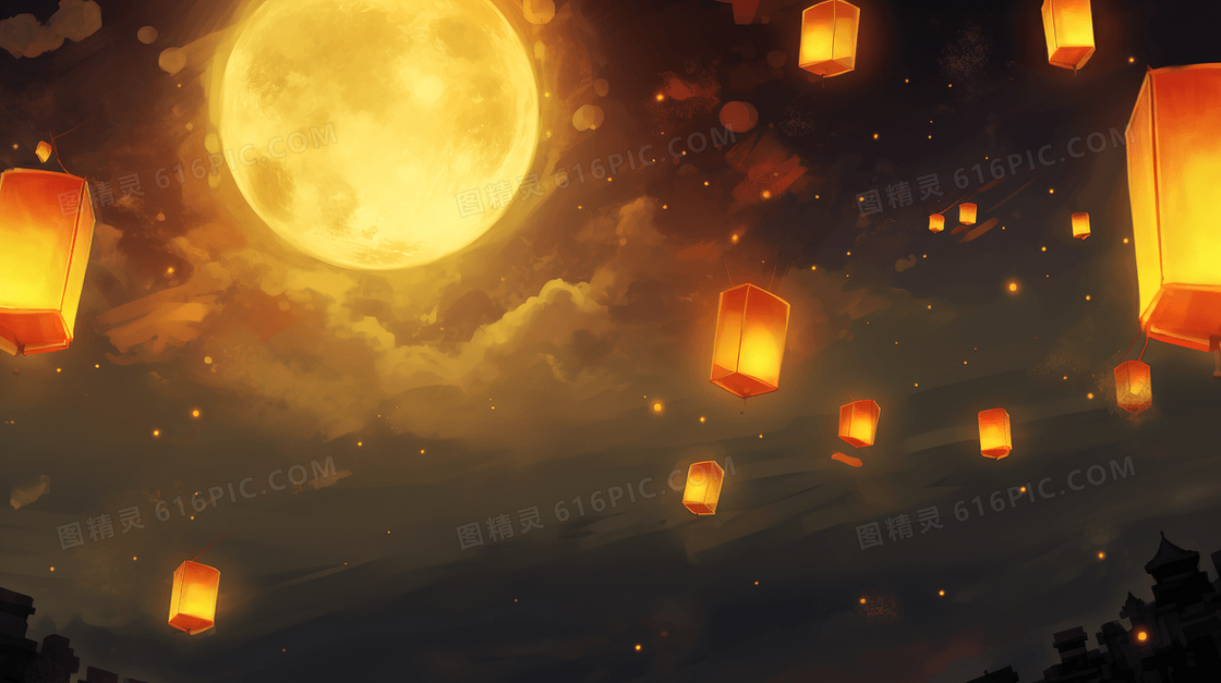天空中漂浮着许多祈福的灯笼创意插画