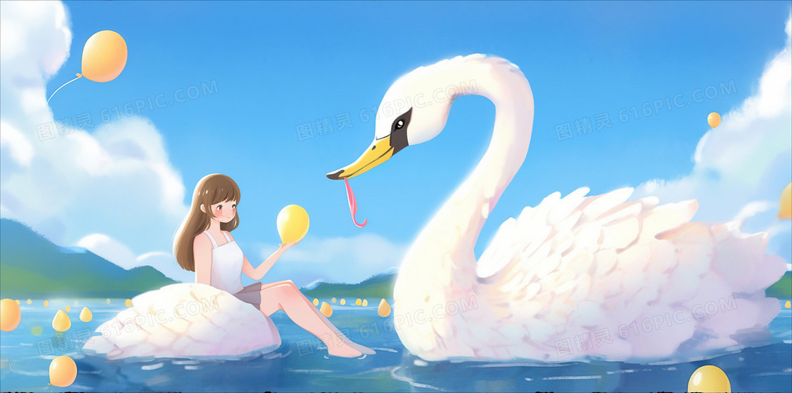 湖面上少女与白天鹅对话插画