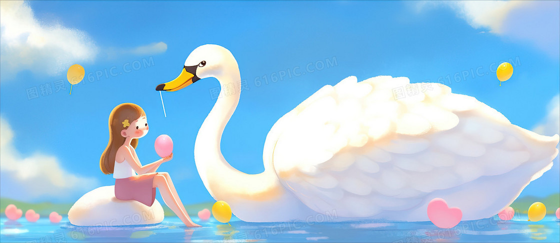 湖面上少女与白天鹅对话插画