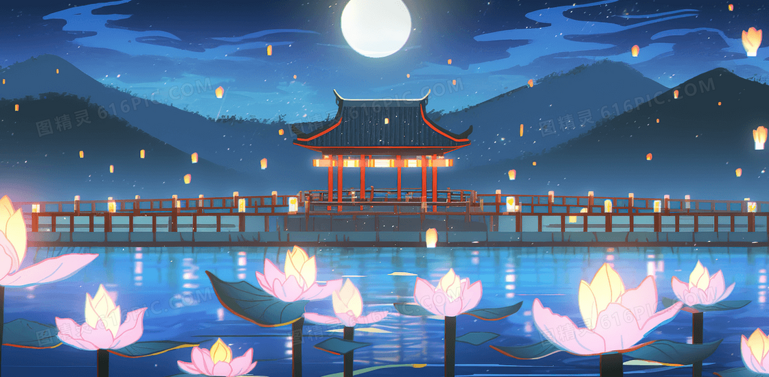 湖面亭子周围漂浮着许多荷花灯创意插画