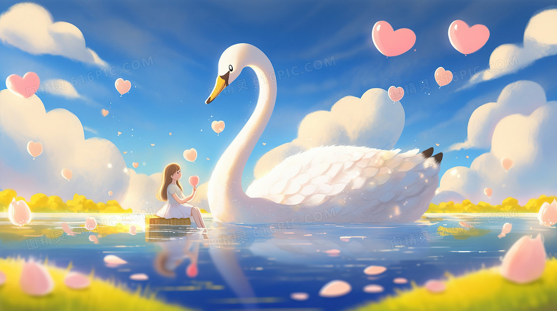 湖面上少女与白天鹅对话插画