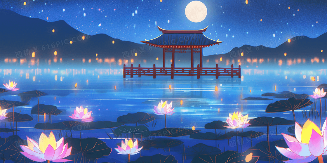 湖面亭子周围漂浮着许多荷花灯创意插画
