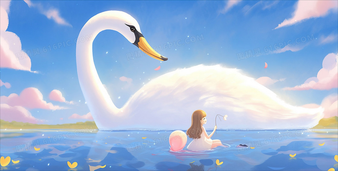 湖面上少女与白天鹅对话插画