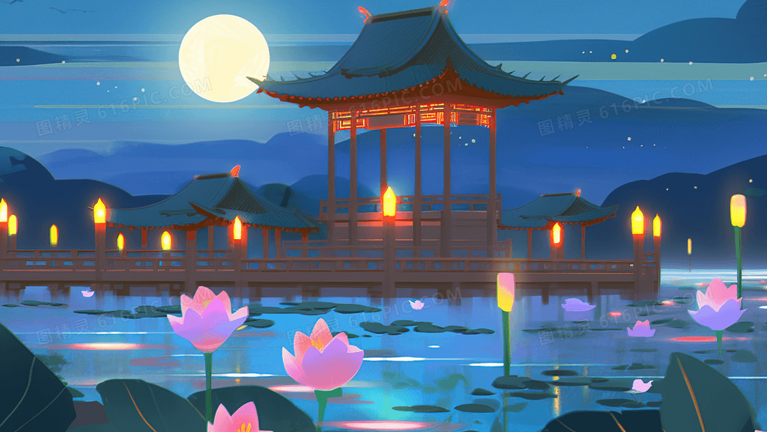 湖面亭子周围漂浮着许多荷花灯创意插画