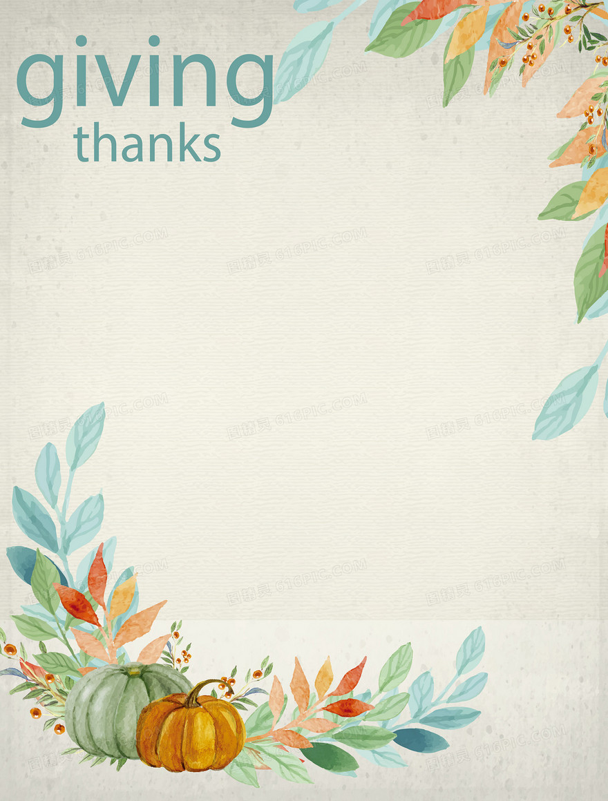 感恩节手绘南瓜蓝色叶子海报背景