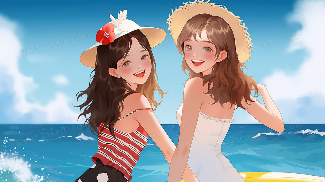 夏天海边度假的快乐女生插画