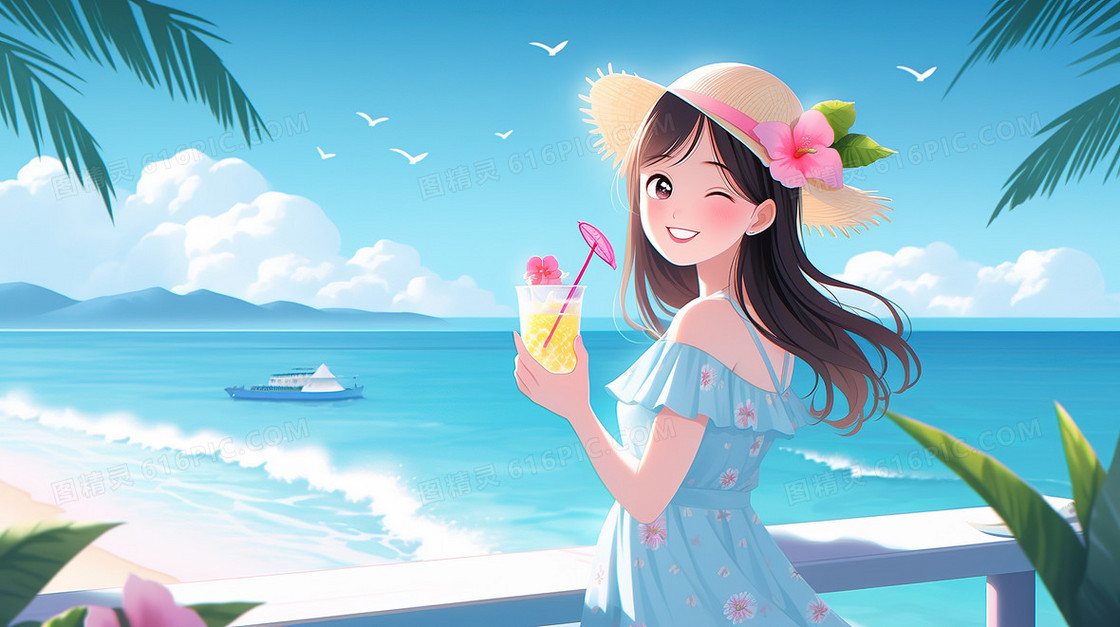 夏天海边旅行的小女生插画