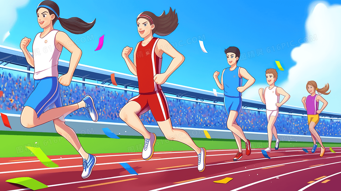 运动员们在跑道上比赛场景插画