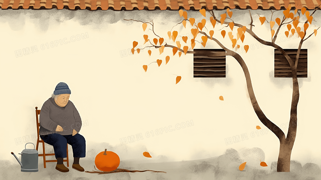 秋日窗外的孤独老人插画
