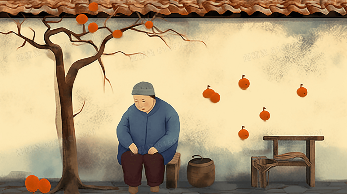秋日窗外的孤独老人插画