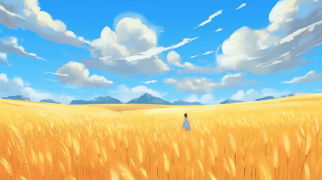 金黄色小麦秋收插画