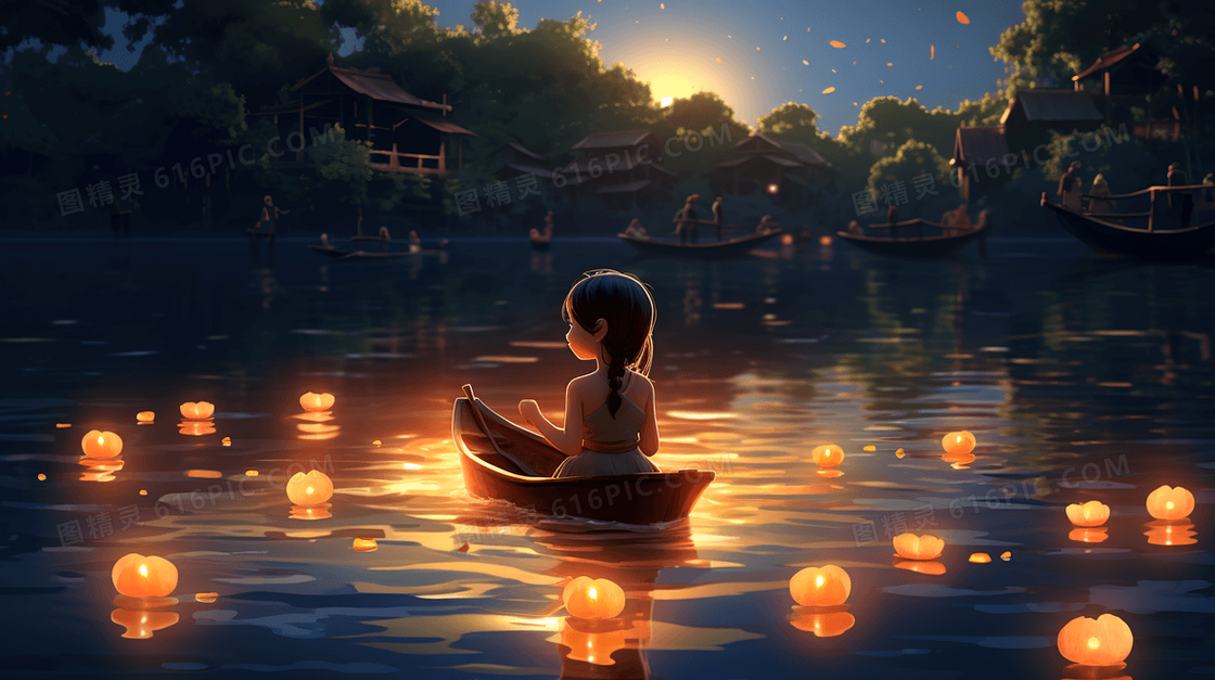 中元节坐在小船上放花灯的小女孩插画
