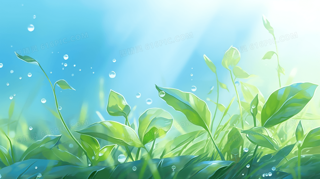 唯美夏日植物上的水滴风景插画