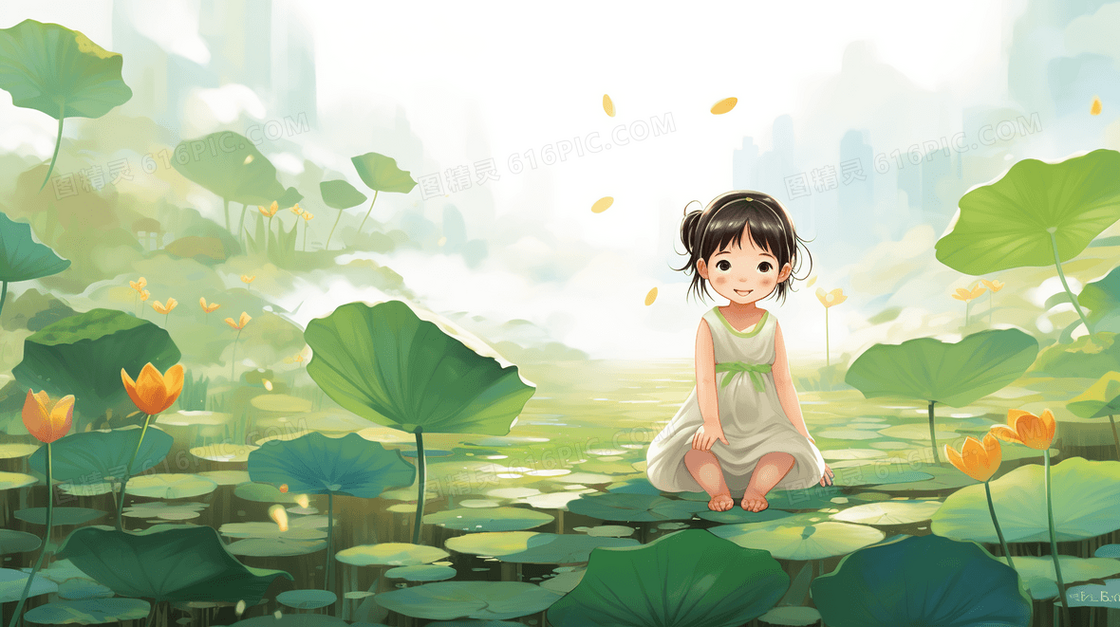 唯美夏日荷花上的女孩插画