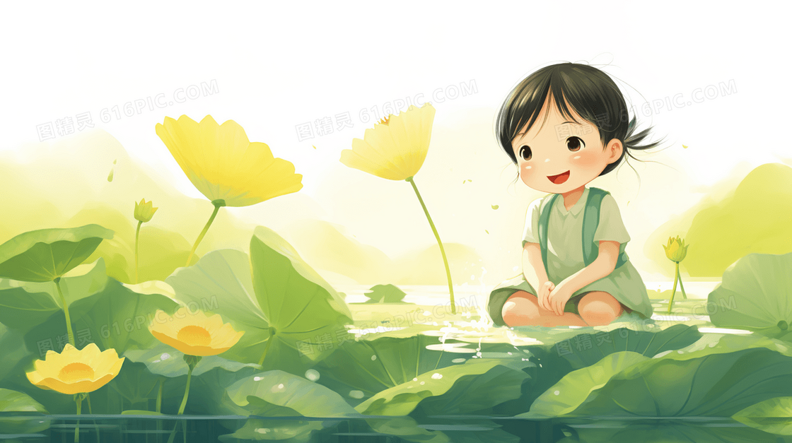 唯美夏日荷花上的女孩插画