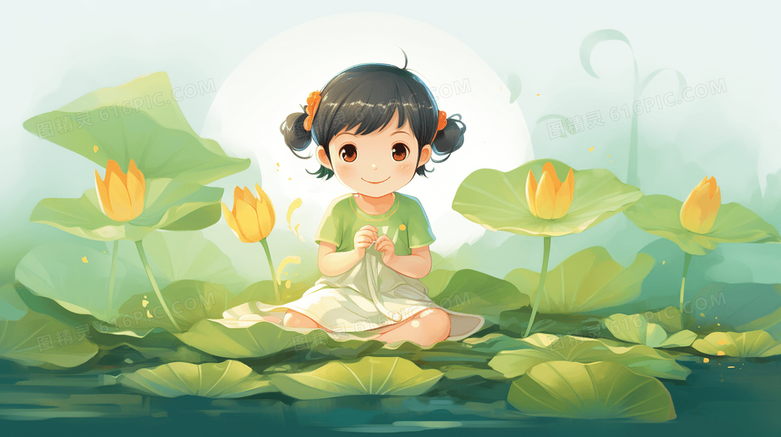 唯美夏日荷花上的女孩插画