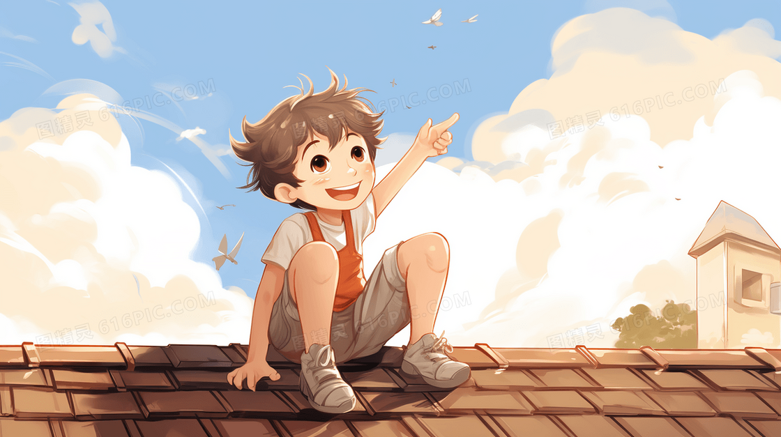 夏日屋顶上的男孩插画