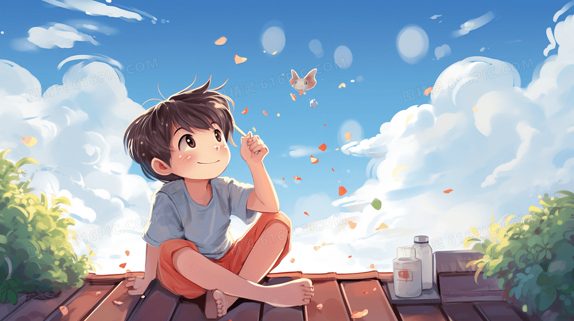 夏日屋顶上的男孩插画