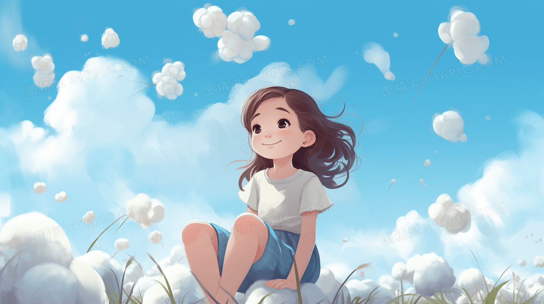 坐在棉花上的少女插画