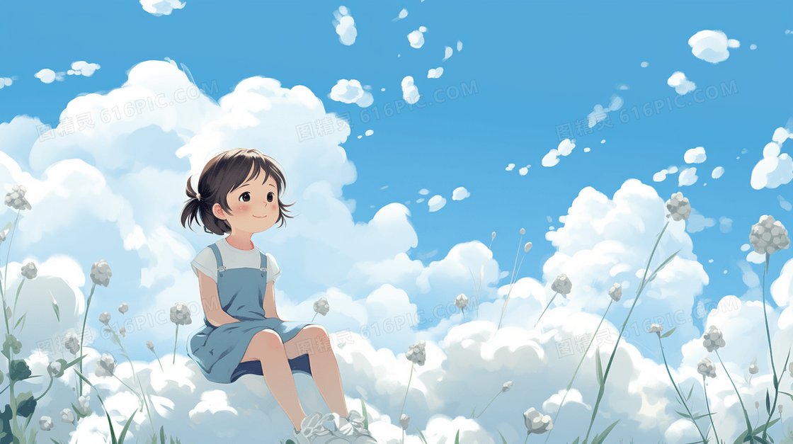 坐在棉花上的少女插画