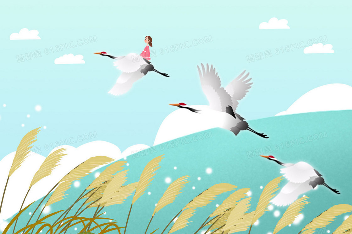 女孩坐在白鹭上飞行手绘插画