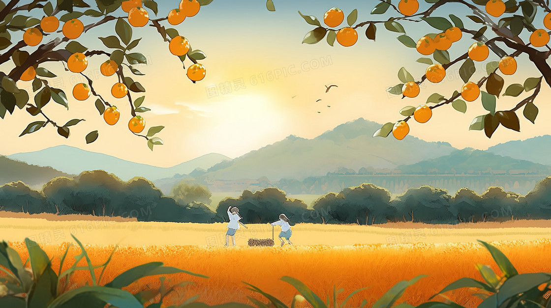 秋分节气农村的田野插画